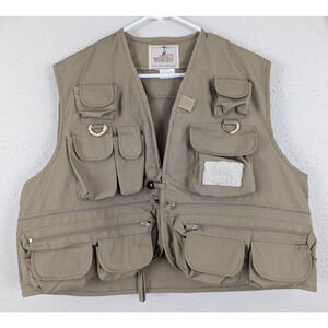 WoodField sz XL Fishing Vest men khaki zips utility lots of pockets 4680